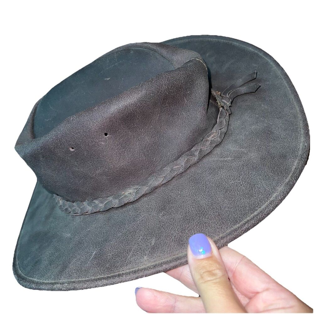 Minnetonka The Fold Up Hat Brown Leather Outback Cowboy Hat Braid Unisex Small - Picture 2 of 3